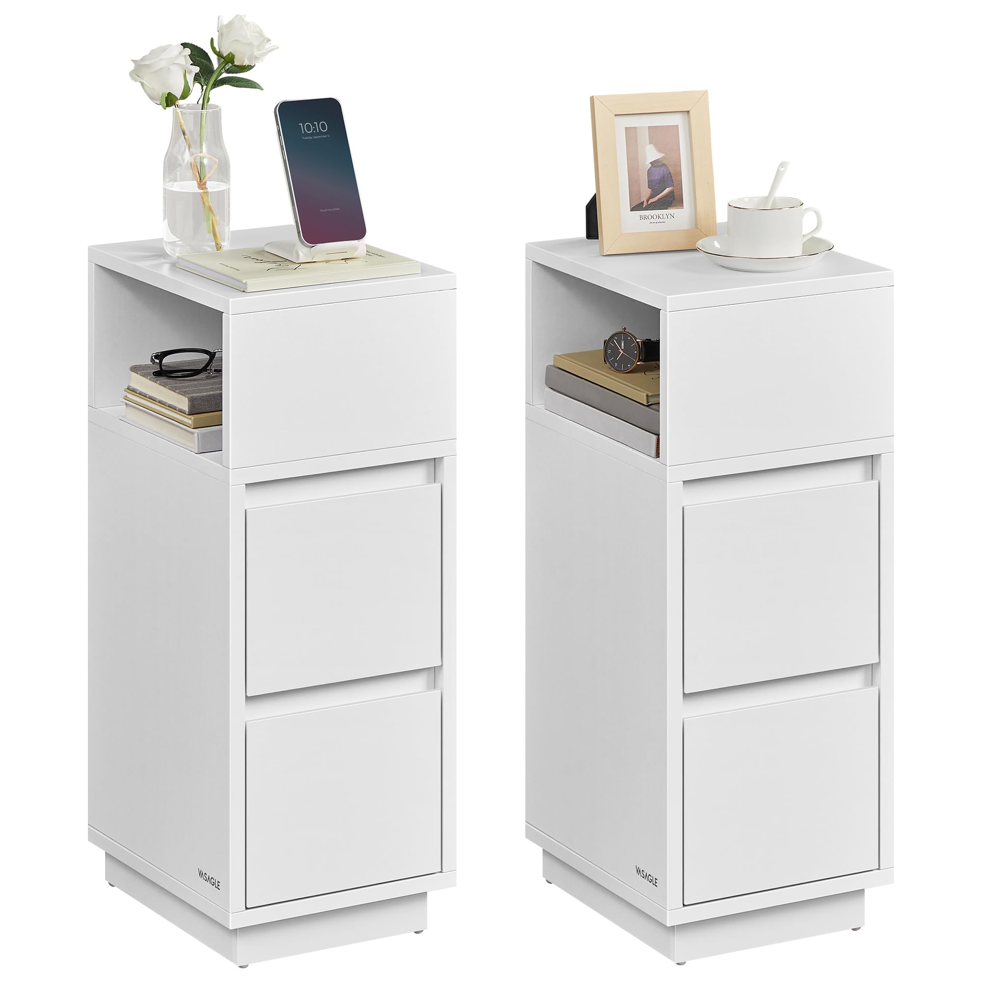 VASAGLE Kailyn Kollektion - Nachttisch 2er Set, schmal, Beistelltisch 2 Schubladen, offenes Fach nach Links oder rechts flexibel montierbar, Schlafzimmer Wohnzimmer, wolkenweiß LET856W01