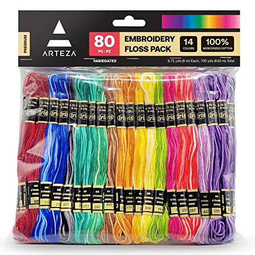 Arteza ARTZ-4873 Embroidery Thread Pack, 80 Skeins, 14 Variegated Colors, Mercerized Cotton cover