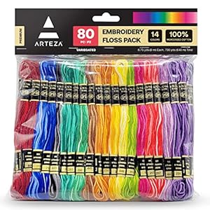 ARTEZA Embroidery Thread Pack, 80 Skeins, 14 Variegated Colors, Mercerized Cotton