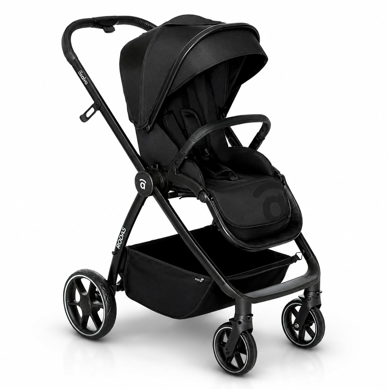 Asalvo DÚO RODAS Silla de Paseo, Carro Plegable Ultraligera y Compacta, Asa Trolley, Equipaje avión, Reclinable, Carro Bebe, Barra Seguridad, Arnés 5 Puntos, hasta 23kg, Negro