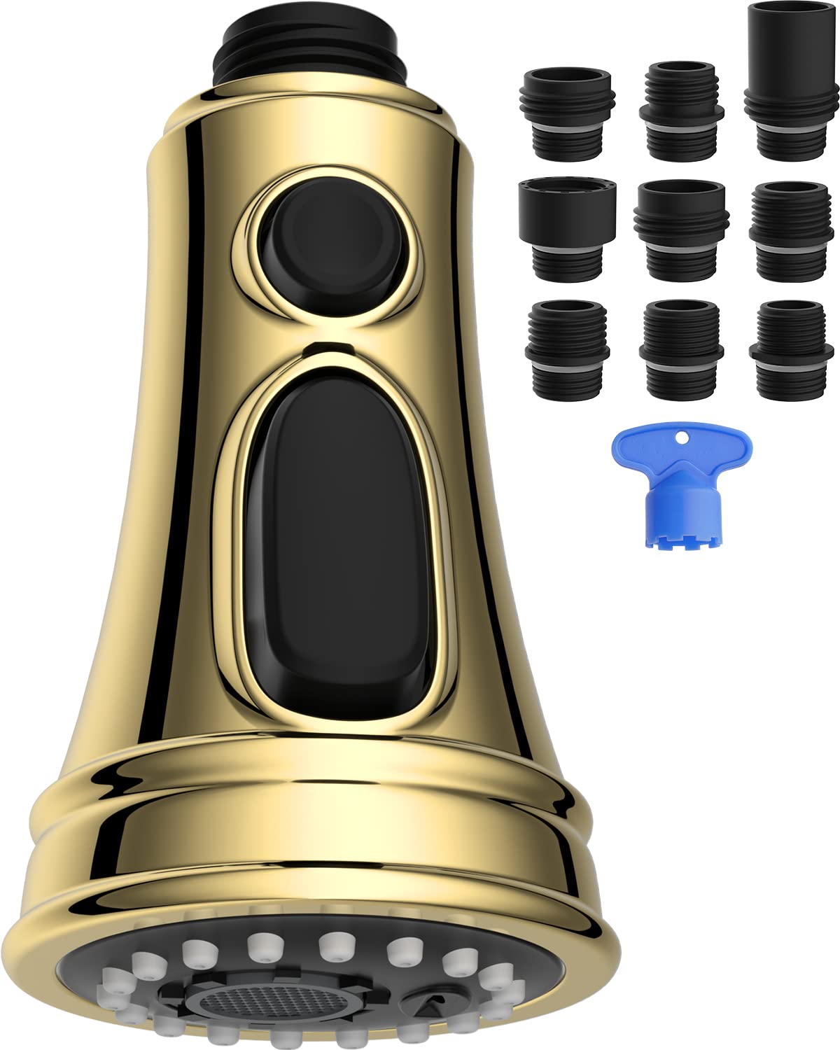 Hibbent Kitchen Faucet Head Replacement, Gold Pull Down Faucet Spray Head, 3 Function Faucet Sprayer Nozzle with 9 Adapters Compatible with Moen, American Standard, Kohler Faucets, Polished Brass