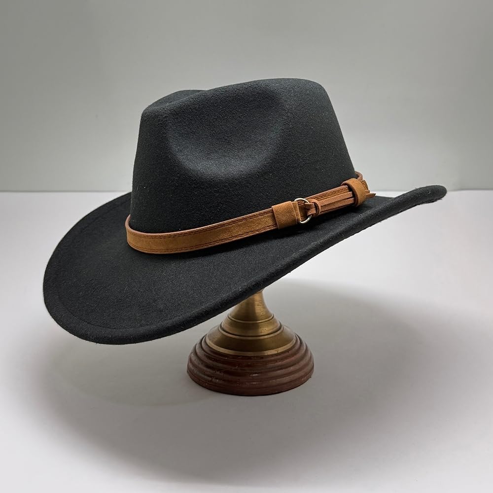 The Tie Hub Cowboy Black Fedora Hat with Brown Belt Western Wide Brim Hat 1