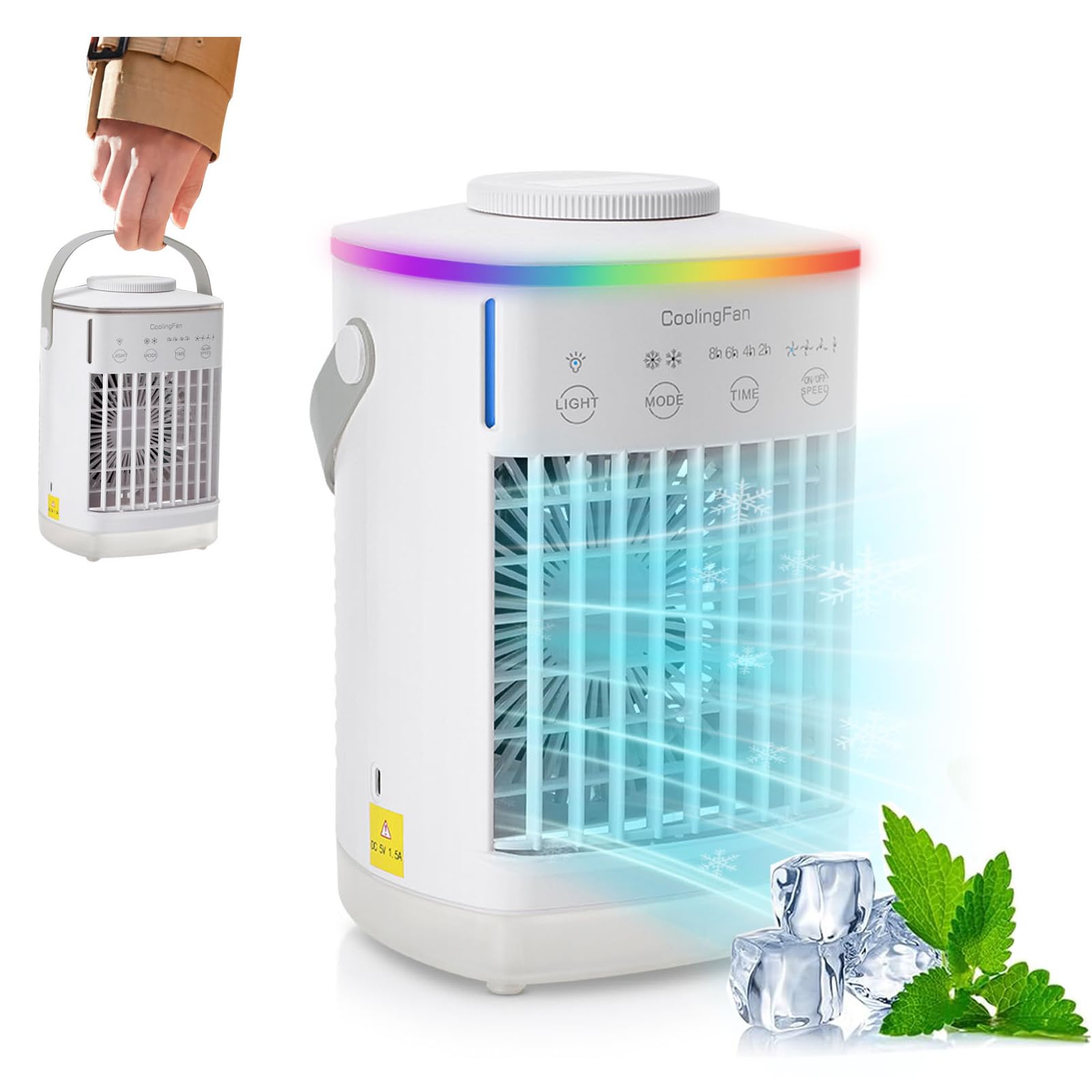 Mini Climatiseur Mobile Silencieux, 2 en 1 Mini Rafraichisseur d'air avec 4 Vitesses & 2 Brumes, 2-8H Timer, 7 LED,Petit Clim Mobile pour Chambre et Bureau(7W)