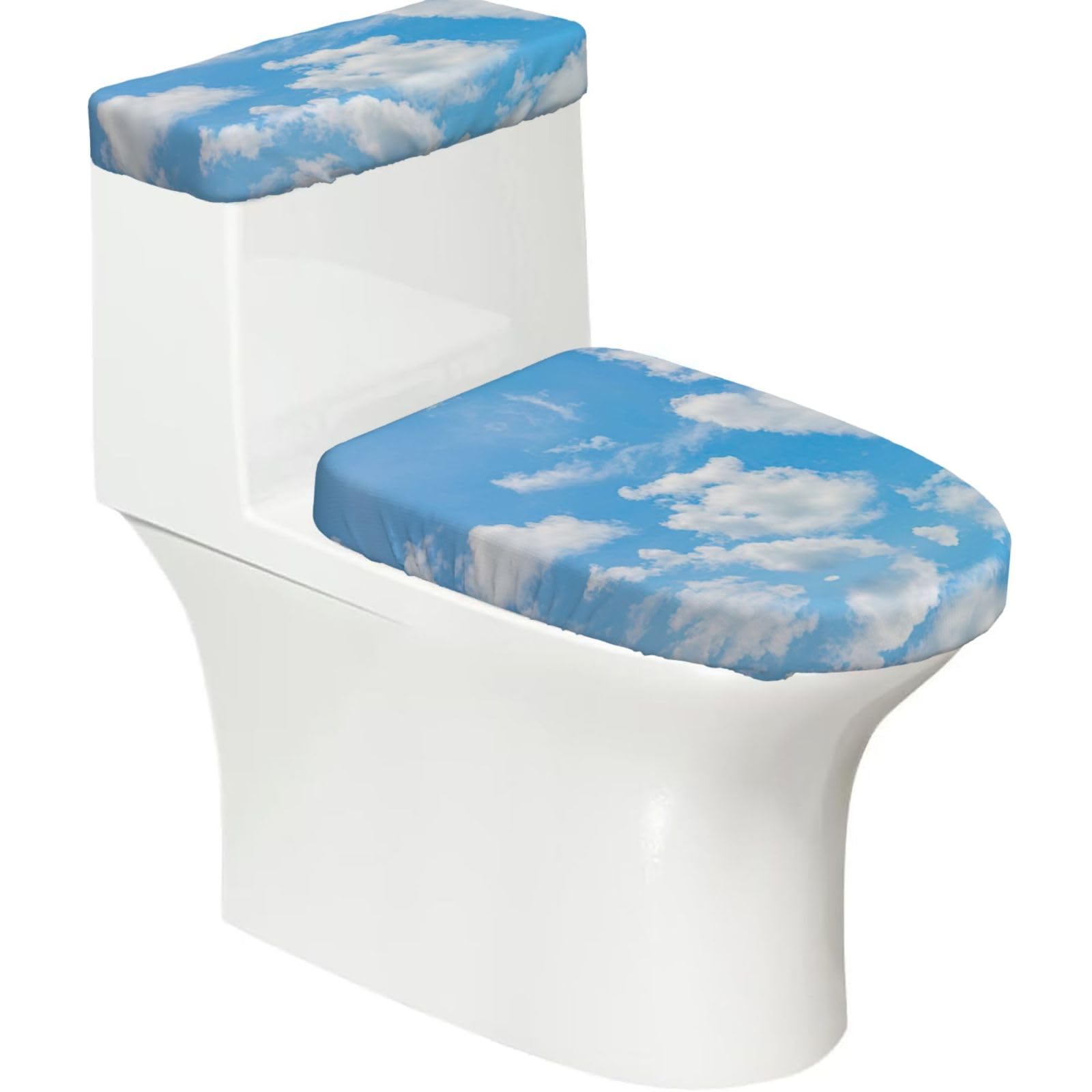 Blue Sky White Cloud Printed Toilet Tank and Lid Cover Set of 2 for Most Bathrooms, Fits Elongated Round Toilets