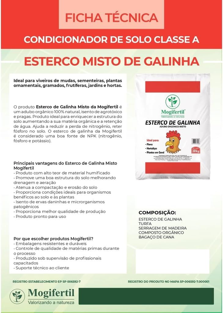 5kg Esterco de Galinha Adubo Orgânico Seco Mogifertil