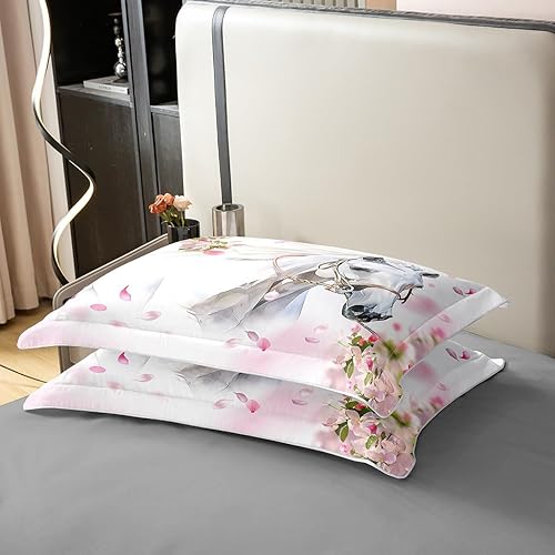 Miniatura 6 de Juego de funda de edredón de algodón con diseño de caballo blanco, tamaño Queen, para niñas, elegante, flores rosas, diseño de animales salvajes,