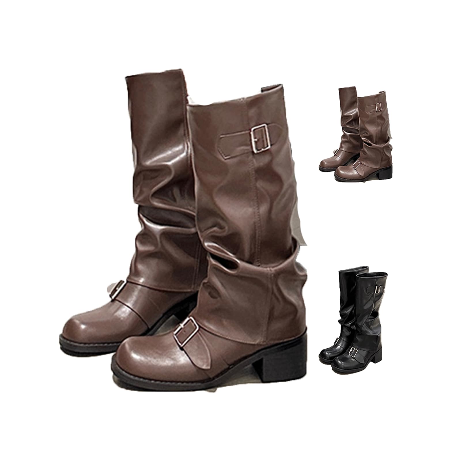 Womens Slouchy Knee High Boots Round Toe Length Boot Female All-Match Trendy Shoes Winter Fall Chunky Metallic Buckle