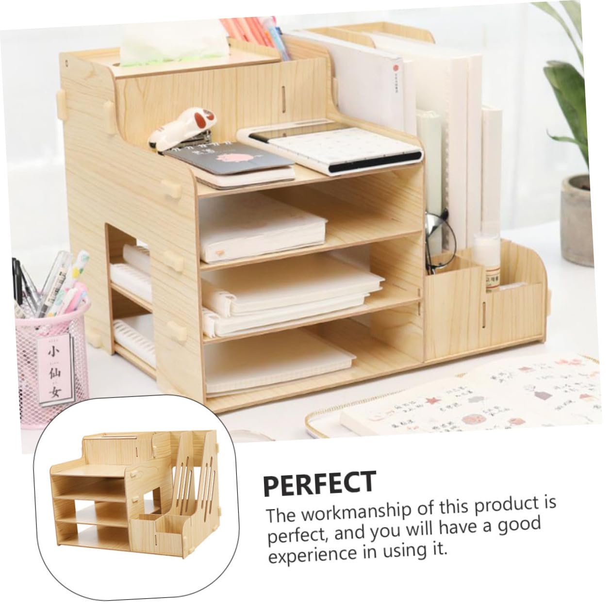 TOPBATHY Estante Organizador de Madera de Escritorio Diseño Multi-Compartimentos Almacenamiento Grande, Fuerte y Estable para Documentos y Papelería en Oficina