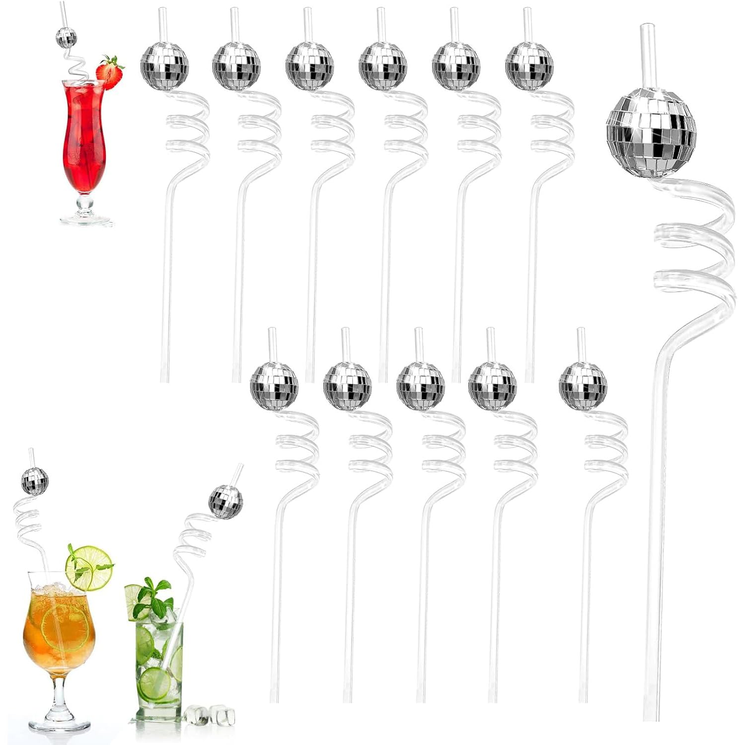 Cannucce a Sfera da Discoteca - 12 Pezzi Riutilizzabili in Plastica Trasparente per Cocktail, Bar, Feste, Balli, Festival, Matrimoni