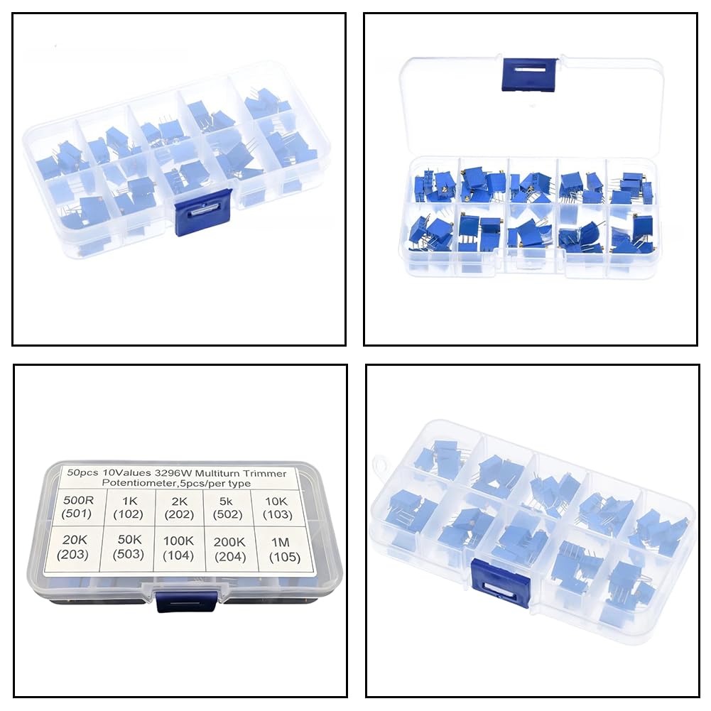FACAIIO 50pcs 3296W Multiturn Potentiomètre Kit 10 Valeurs Assorties 500°-1M° Résistance Variable, Bleu Trim Pot Set Electronique DIY et Réparation