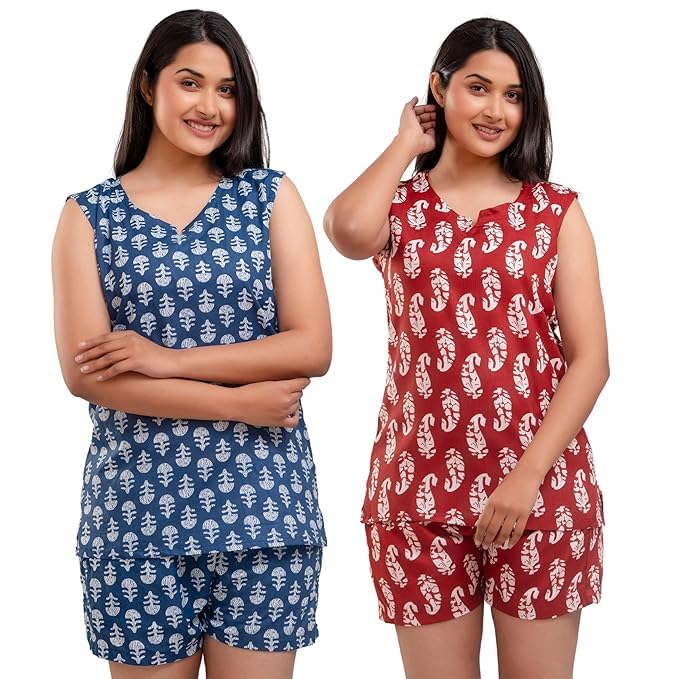 Women's Cotton Printed Night Suit Set of Top & Shorts Sleeveless Women's Lounge Wear Set Combo Pack-image-34