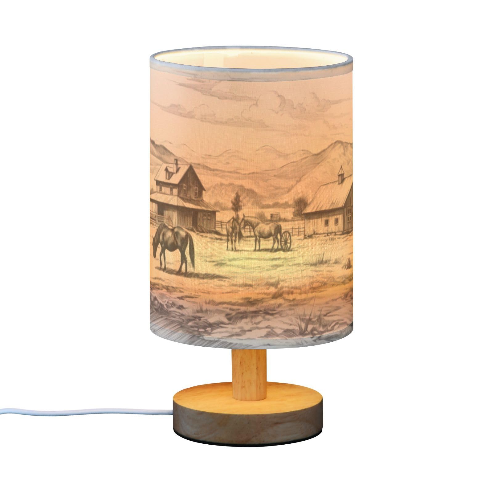 SDMKA Vintage Farm Bedside Table Lamp for Bedroom, Minimalist Nightstand Lamp with Round Fabric Shade for Living Room, Office, No Bulb Required