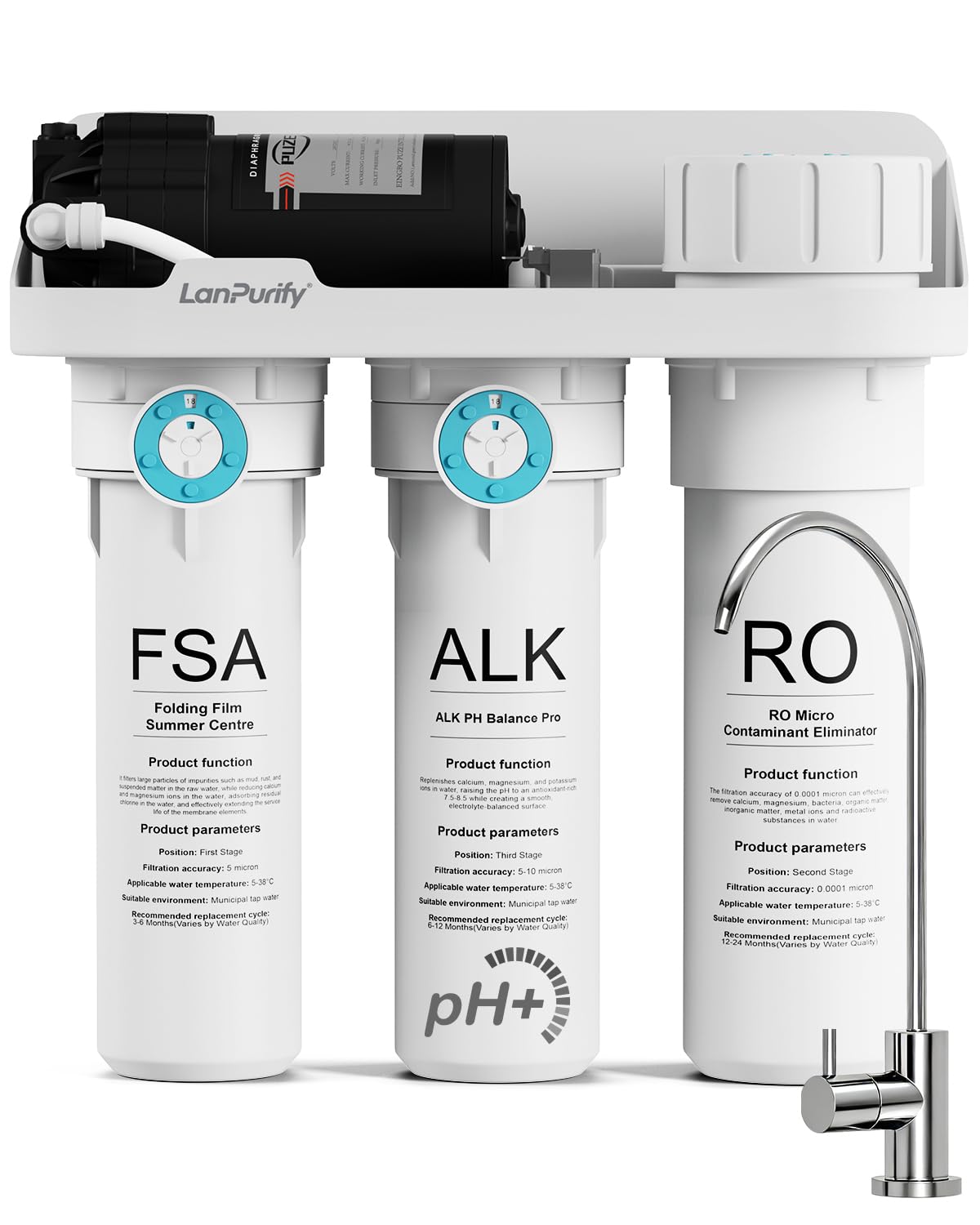 ROWF-05-pH+ Alkaline Reverse Osmosis Water Filter, 450G Tankless RO Water Filtration System, 7-Stage Undersink RO System With NSF/ANSI 58 Certified, 2:1 Pure To Drain, Requires Power Outlet