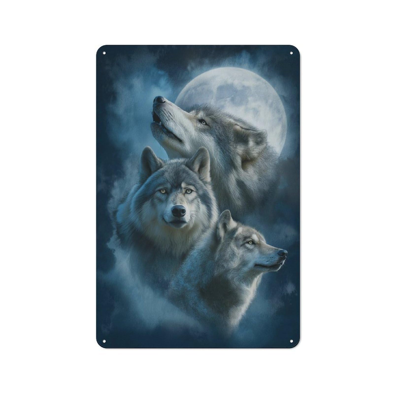 Junmoney Three Wolves Under Moonlight -1 Vintage Decorative Tin Sign 30X20cm Featuring Retro Room Decor For Bedroom, Office, Home Bar Or Dining Room