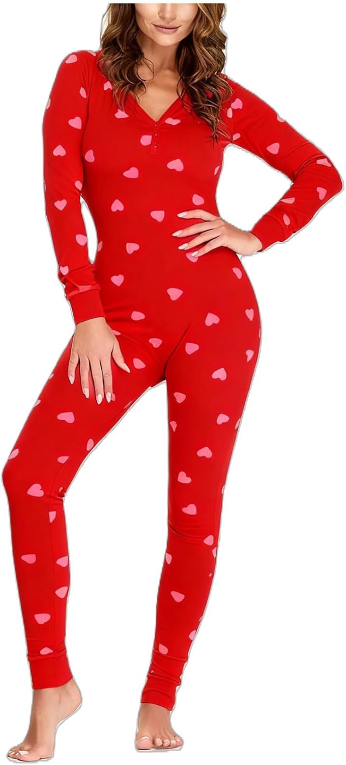 iTranyee Women Bodycon Pajama Jumpsuit V Neck Heart Print Onesie Pajama Sexy One Piece Button Down Valentines Bodysuit