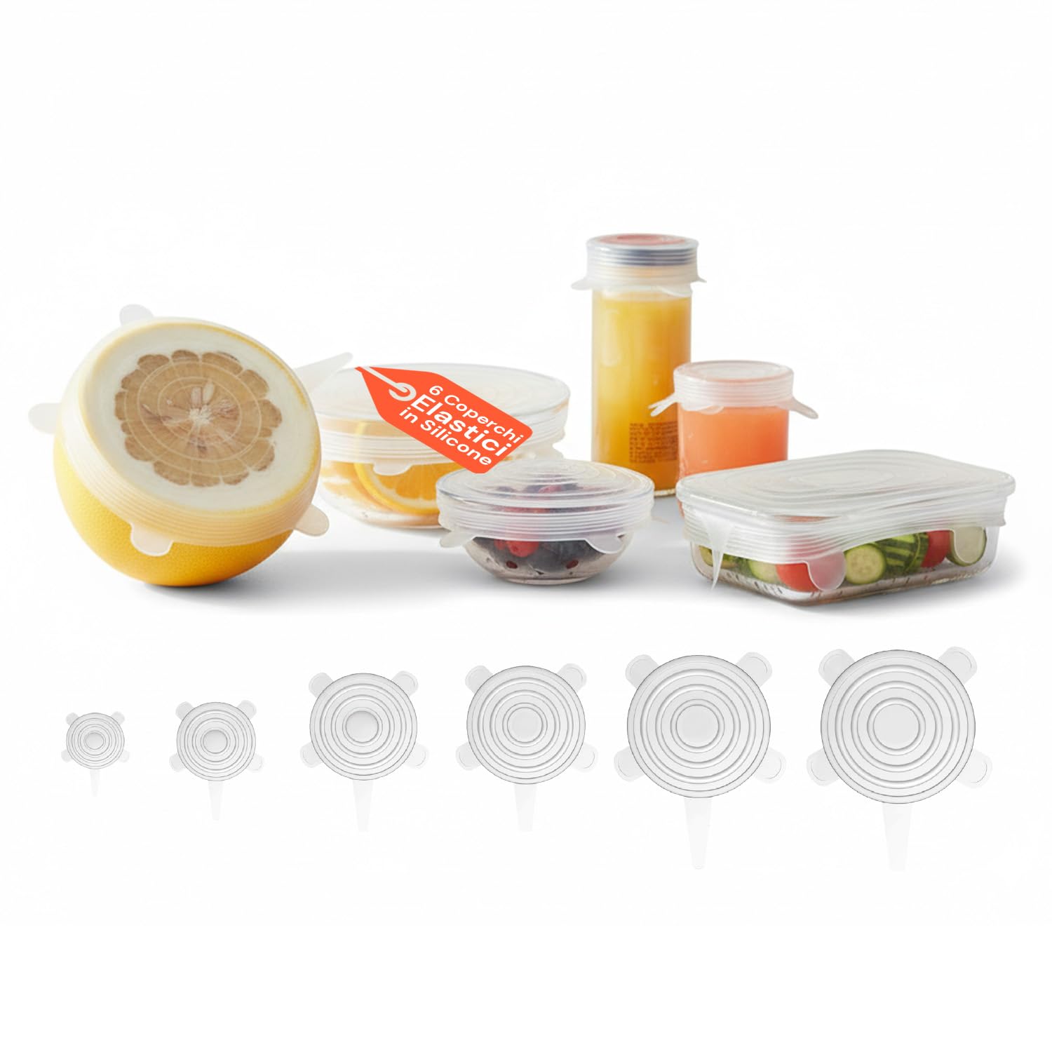 Avilia Set of 6 Universal Stretch Silicone Lids, Airtight Closure, Suitable for Freezer Microwave Dishwashers, Reusable Eco-Friendly, Replace Disposable Film