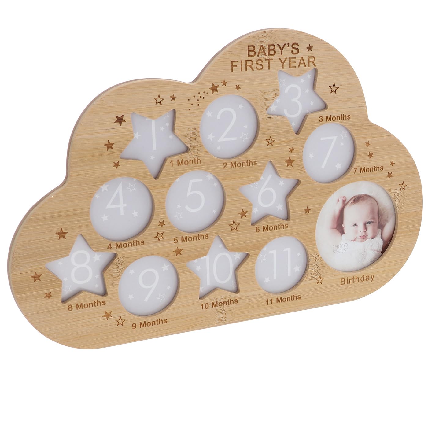 Shudehill Giftware Bamboo Cloud First Year Frame – 12-Photo Baby Milestone Display – Natural Wood Nursery Keepsake