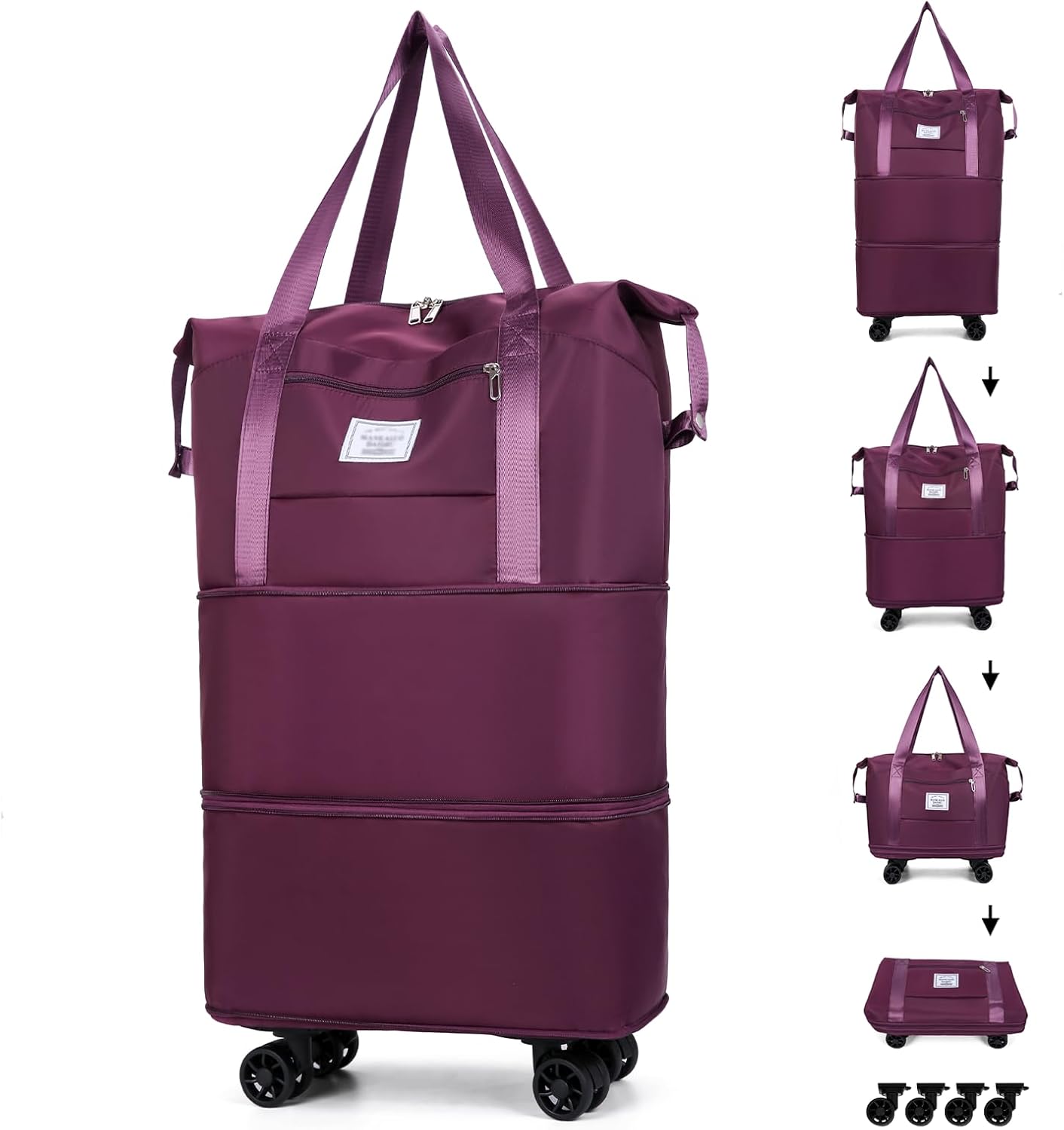 Rolling Duffle Bag with Wheels and handle, 29.2'' Foldable Garment Duffle Bag for Traveling, Collapsible Suitcase with Wheels, Collapsible Luggage with 4 Detachable Spinner Wheels (Purple)