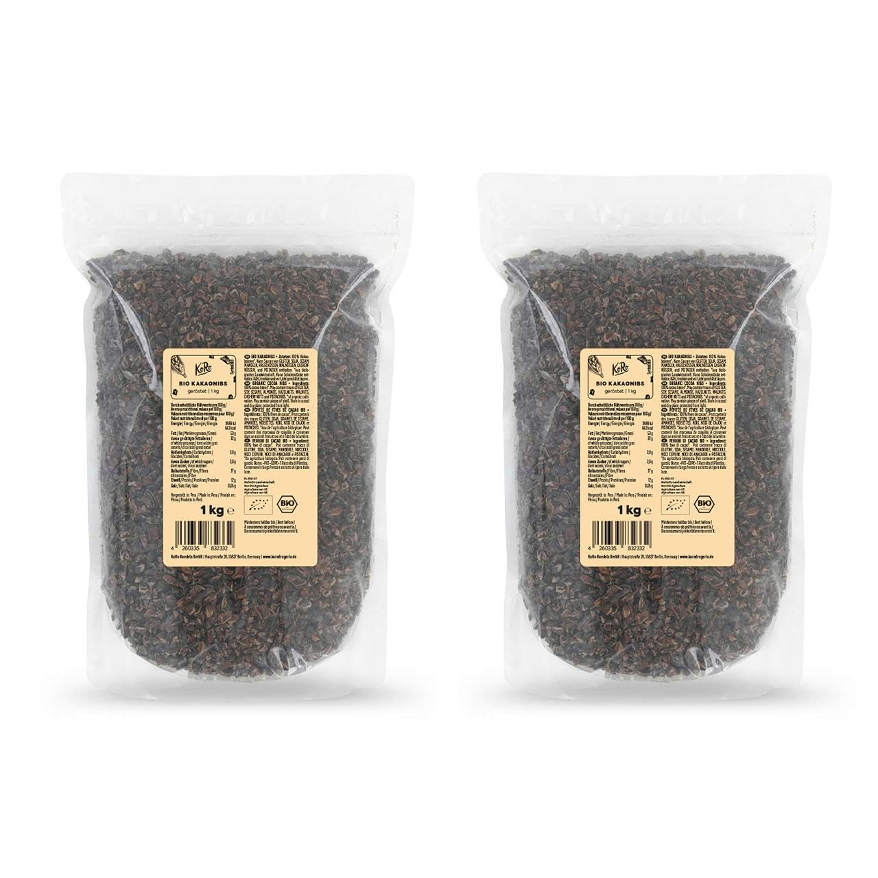 KoRo - Bio Kakaonibs 2 x 1 kg - Geschälte, geröstete Kakaobohnen - Herb-schokoladiger Geschmack - Reich an Ballaststoffen