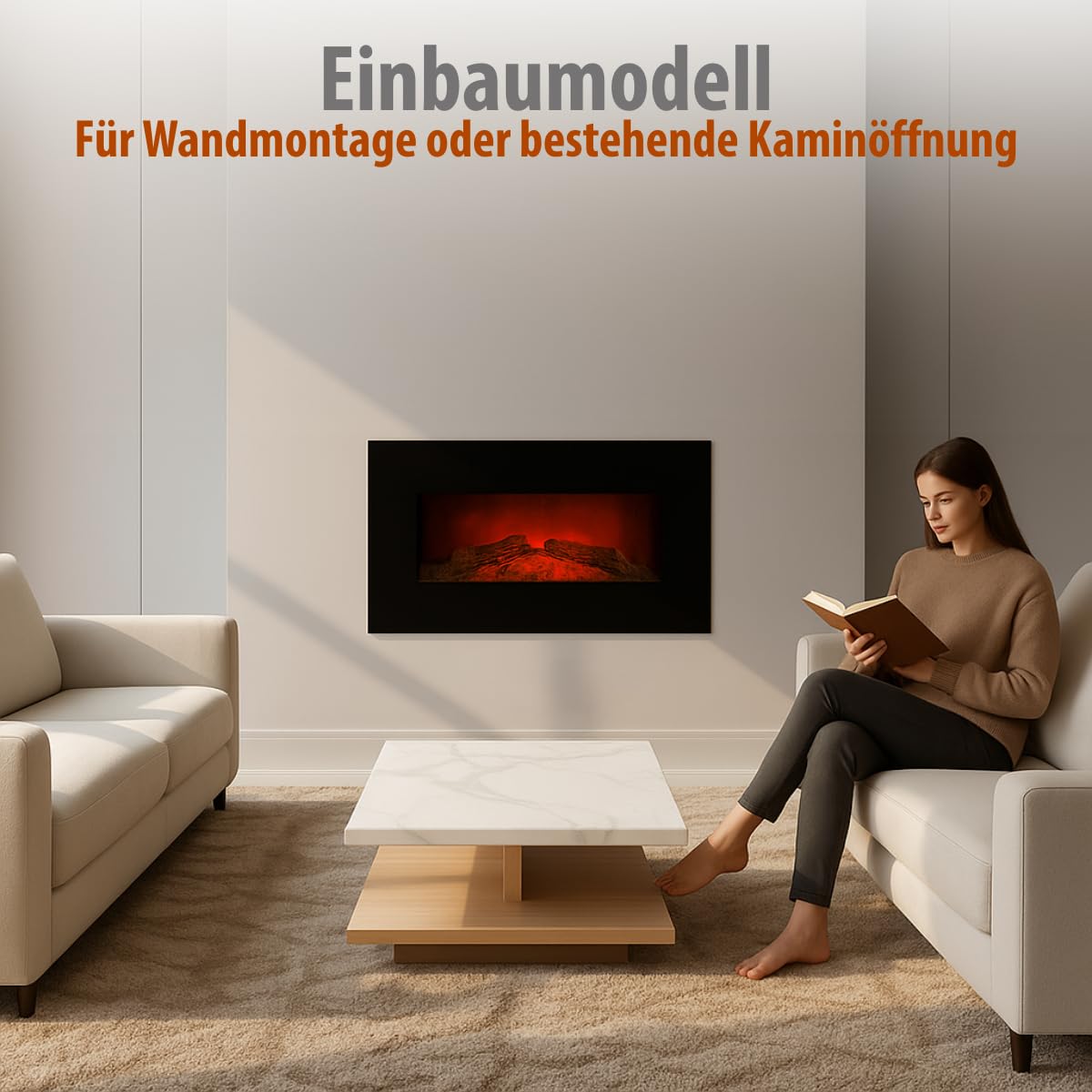 Memphis Elektrokamin mit Heizung - Elektroheizung 1800W - Kaminofen mit Fernbedienung und Timer - Elektroherd mit LED-Flammen - Wandmontage - Schwarz