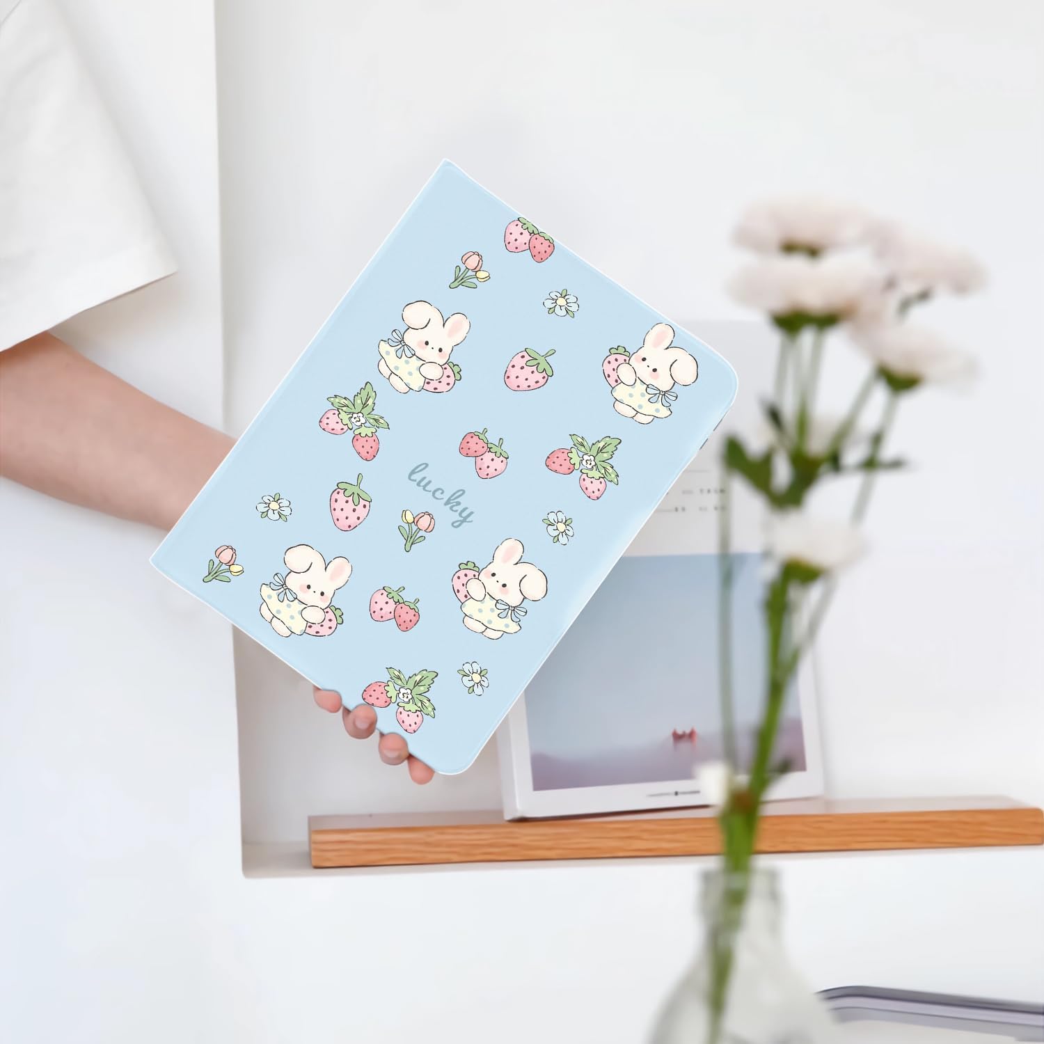 Cute Kawaii Bunny Strawberry for iPad Air 13 Inch Case M3 2025/M2 2024/iPad Pro 12.9 Inch Case with Pencil Holder, Auto Sleep/Wake and Multiple Viewing Angles, Blue Leather Soft Back Cover