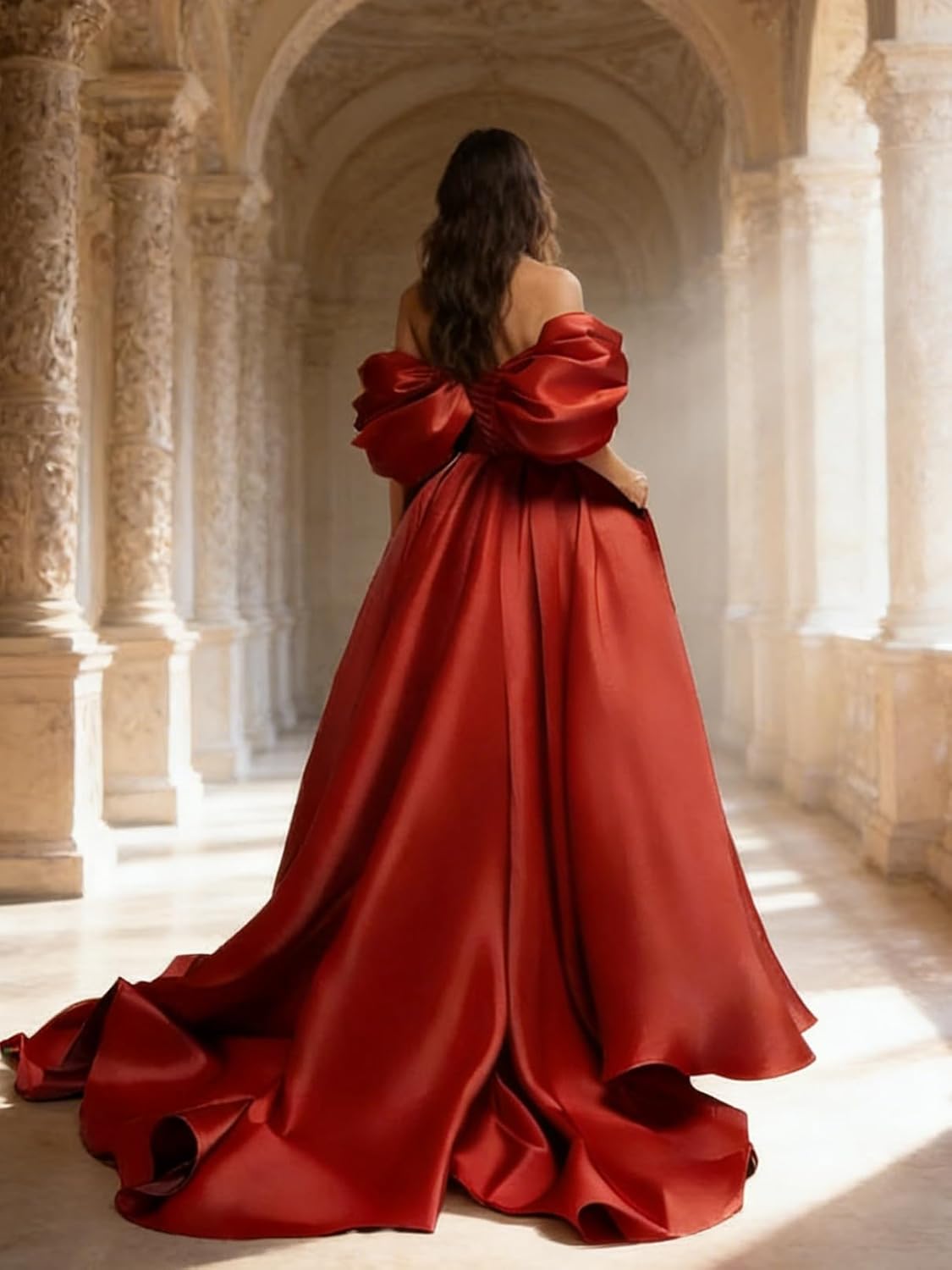 Women's Satin Puffy Off Shoulder Prom Dresses 2026 Long High Slit Formal Wedding Dress Ball Gown SP007 - Image 2