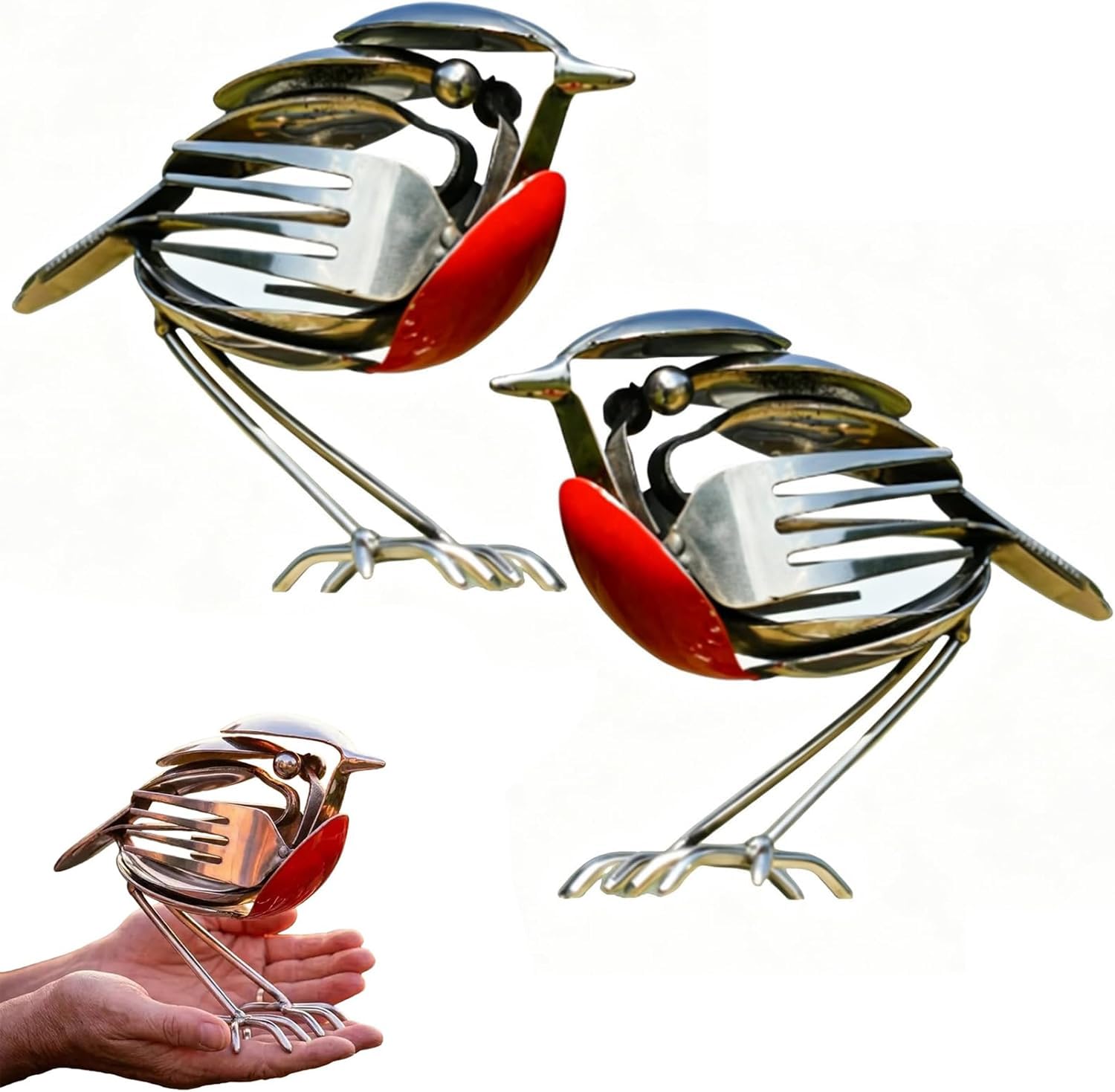 Szoziank 2Pc Metal Robin Garden Ornament, Silver Robin Ornament, Recycled Fork & Spoon Robin Figurine, Robin Bird Scrap Metal Art Sculpture, Robin Garden Sculptures & Statues, For Garden Patio Office Desk