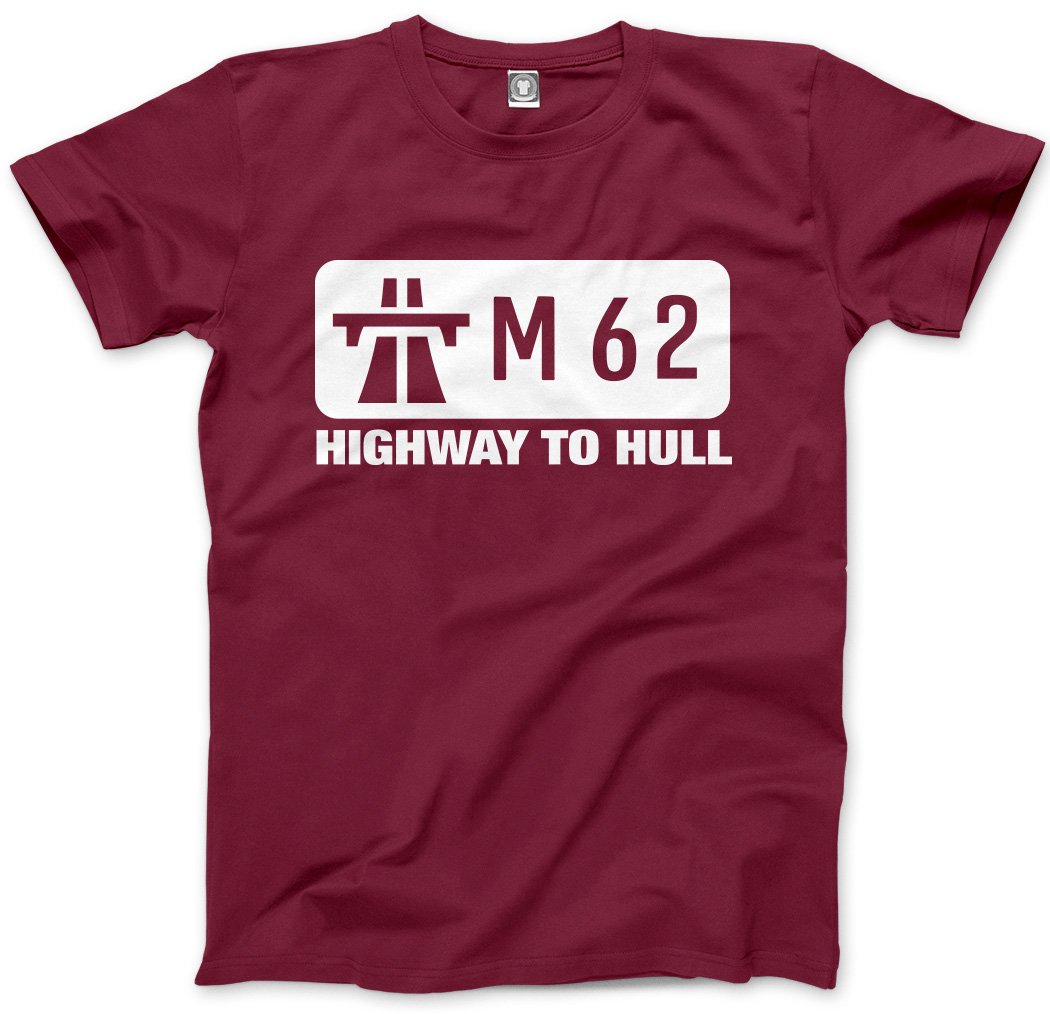 Hotscamp Men's Maroon M62 Highway To Hull - Unisex Tshirt For Yorkshireman Top Gear Leeds Bradford Yorkshire Tee- Xl