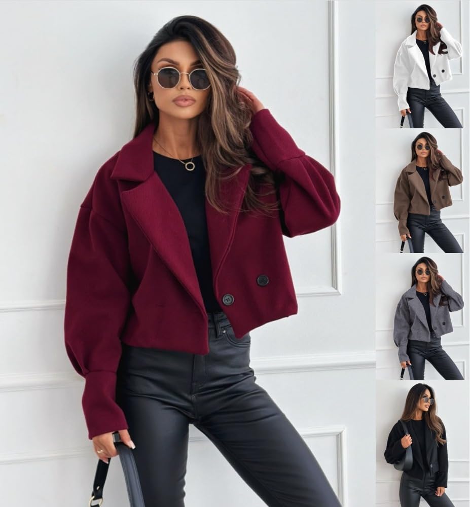 Giacca Corta in Lana da Donna con Colletto A Revers Trench Corto in Tweed Casual da Ufficio per Autunno E Inverno Blazer Corto Aperto sul Davanti Soprabito in Misto Lana