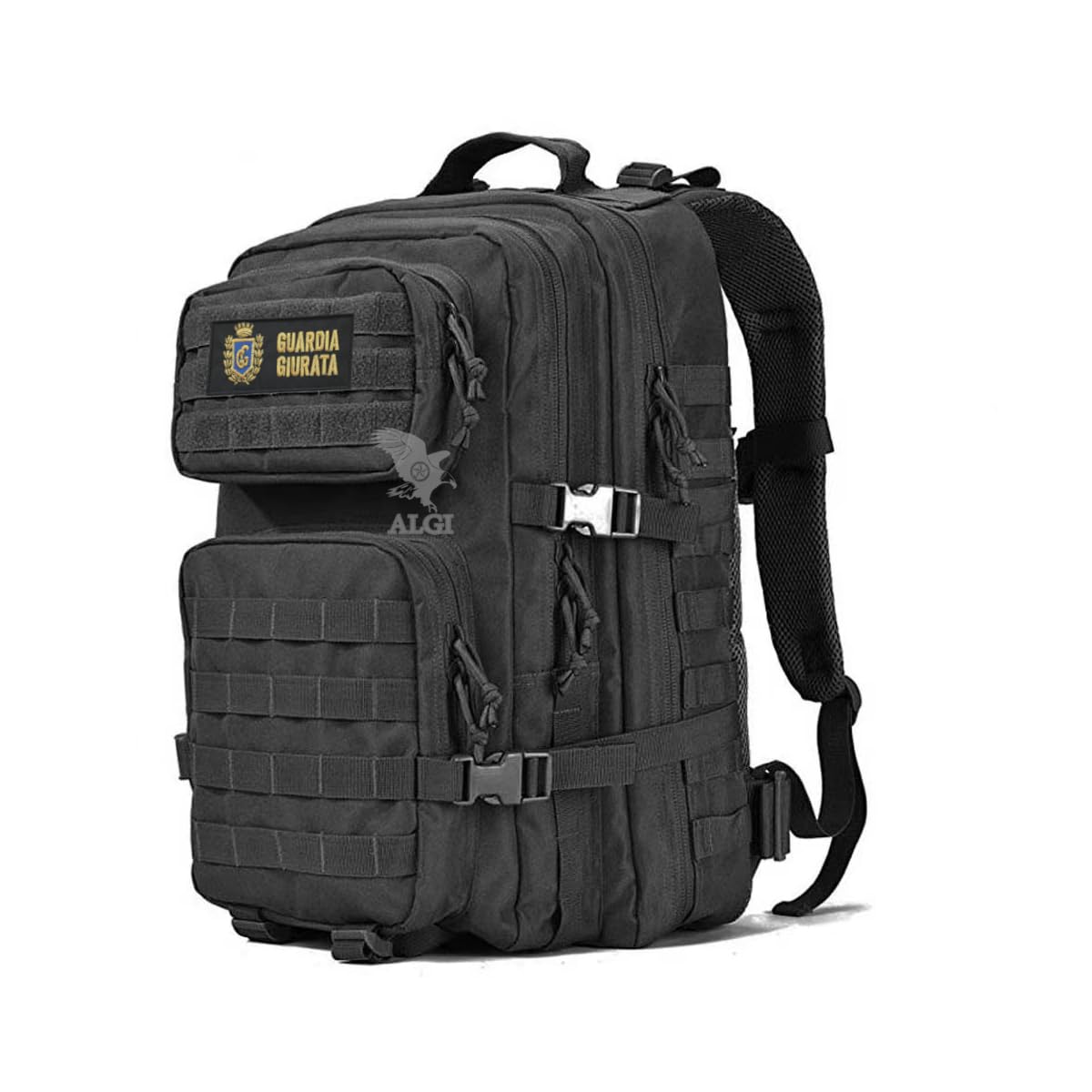 ALGI Zaino Militare Tattico Medium con sistema MOLLE 50 Litri con patch GPG Guardia Giurata 3D (NERO)