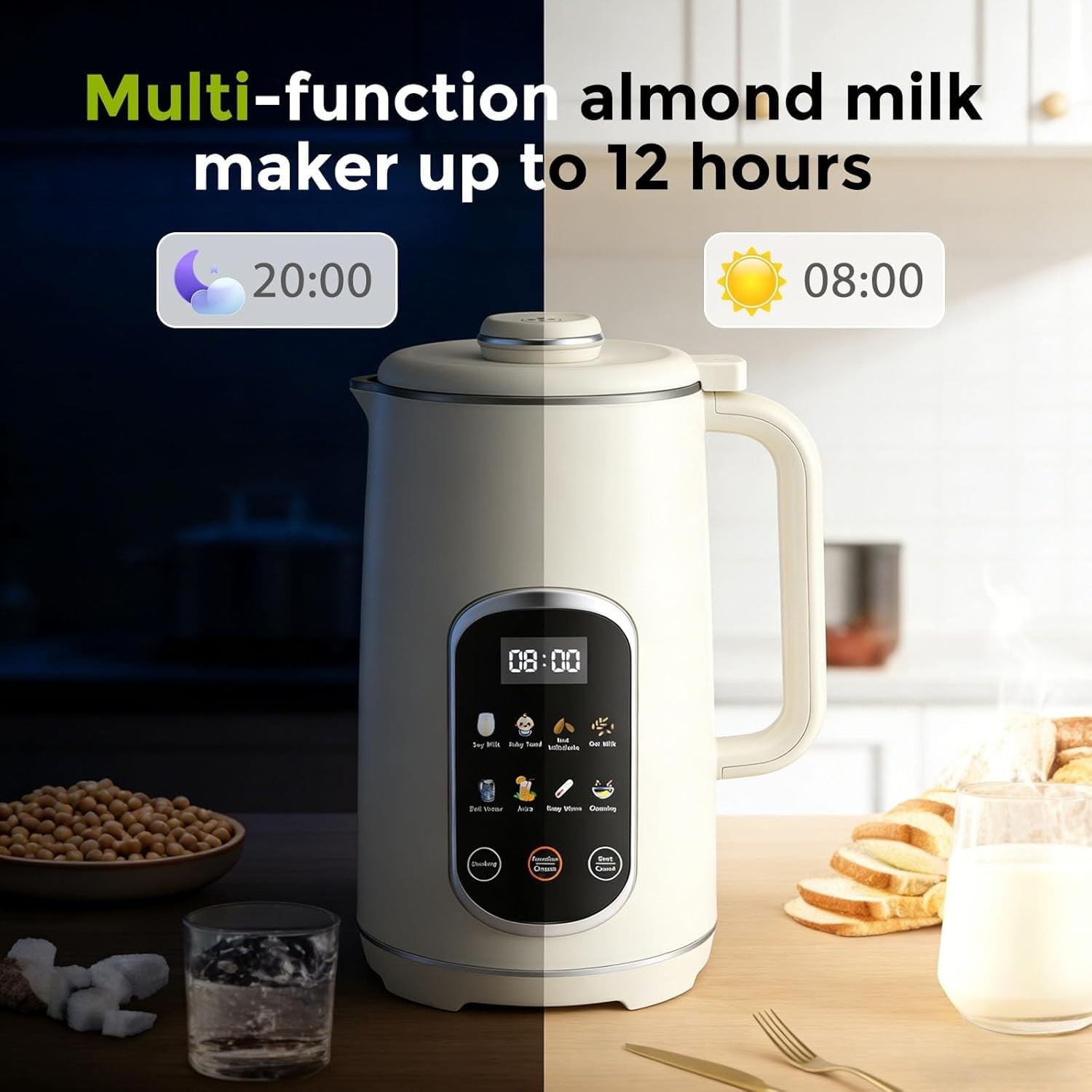 Machine À Lait De Noix 8 En 1,Domestique Machine À Lait D'avoine Avec Départ Différé/Maintien Au Chaud/Auto-Nettoyage,1200Ml Prépareur De Lait De Soja Avec 12 Lames Pour Laits Végétaux Maison
