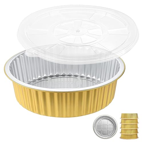 Sartenes de papel de aluminio resistentes de 10 pulgadas con tapas (paquete de 5), 2 latas de papel de aluminio reutilizables más gruesas y