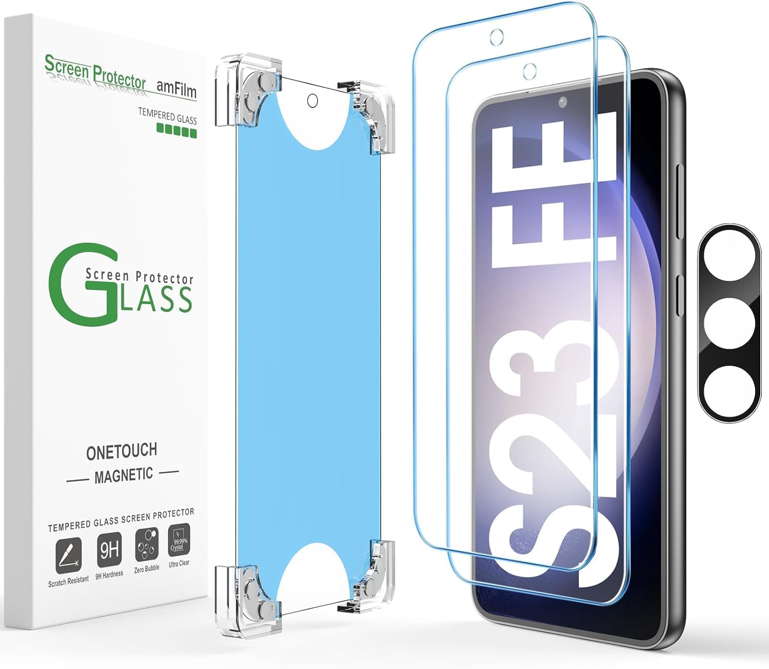 amFiIm Magnetic Auto-alignment OneTouch Tempered Glass Screen Protector + Camera Lens Protector for Samsung Galaxy S23 FE 6.4", Full Coverage Fingerprint ID Compatible Easy Installation(Reusable)