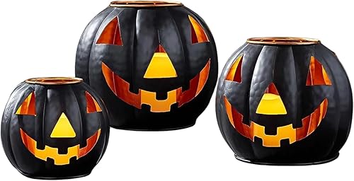 Juego de 3 faroles de metal para Halloween con velas LED con tela espeluznante, decoración rústica para interiores y exteriores