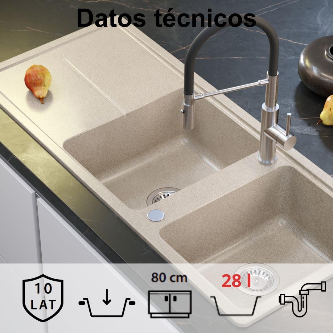QUADRON NEAL 121 Fregadero de granito para cocina, tamaño: 116 x 50 x 20,5 cm, color: beige, fregadero de cocina de un seno, fregadero de cocina de dos senos, fregadero de dos cámaras con sifón manual