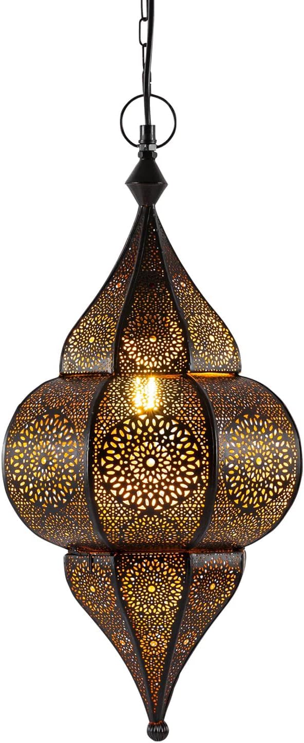 Orientalische Lampe Pendelleuchte Lunar Schwarz 40cm E27 Lampenfassung | Marokkanische Ramadan Hängeleuchte Leuchte aus Marokko | Orient Lampen für Wohnzimmer Küche oder Hängend über den Esstisch