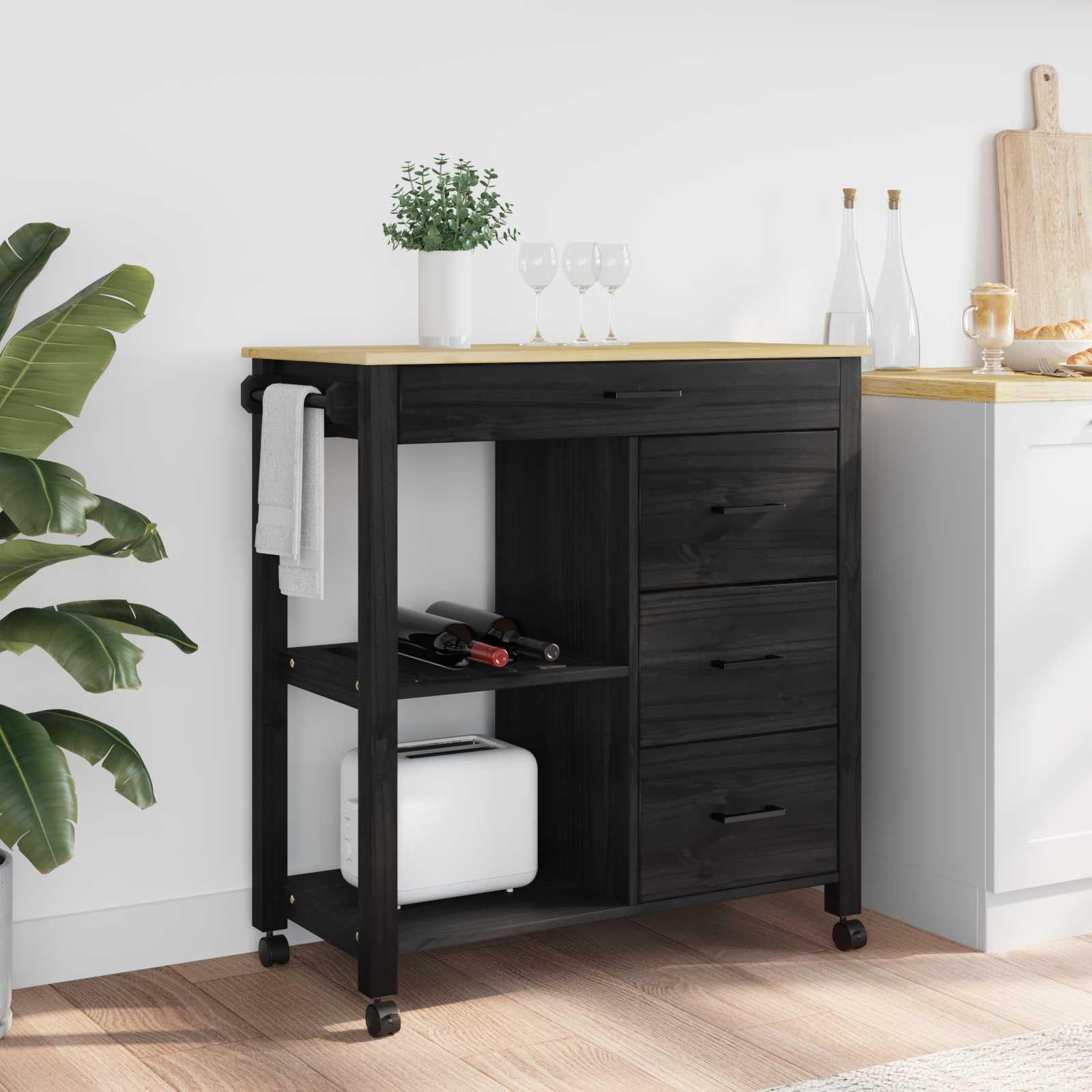 Chariot de Cuisine Monza Noir 84 x 40 x 88,5 cm avec étagère, tiroir, roulettes pivotantes, mobilier de Rangement Pratique pour préparation Repas, Buffet ou Service intérieur