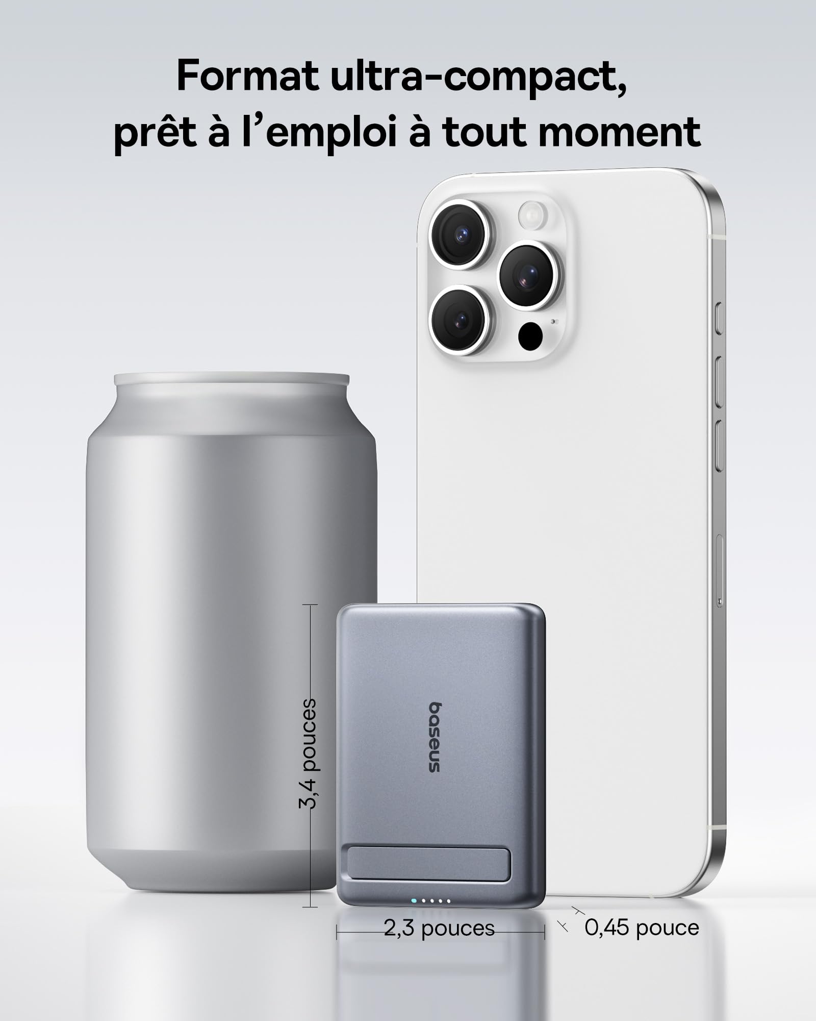 Baseus Mini MagSafe Powerbank 5000 mAh certifié Qi2 avec Support Pliable, PD 20 W, Batterie Externe magnétique USB C, sans Fil, Compatible avec iPhone 17/16/15/14/13/12/Pro/Pro Max, Gris