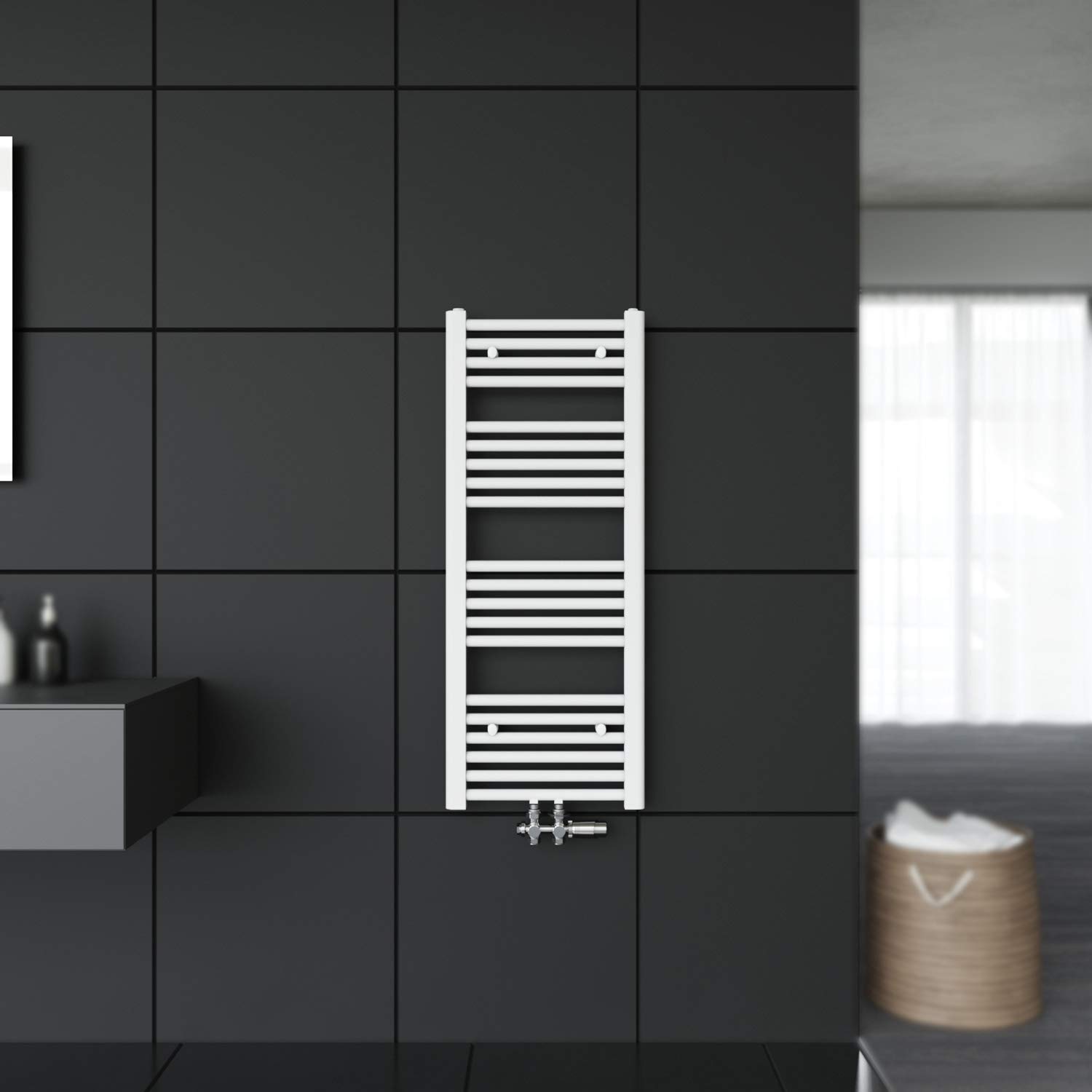 SONNI Grzejnik łazienkowy, 1600 x 400 mm, suszarka na ręczniki, biała, 358 W, designerska, ogrzewanie, przyłącze środkowe z białym termostatem multiblokowym