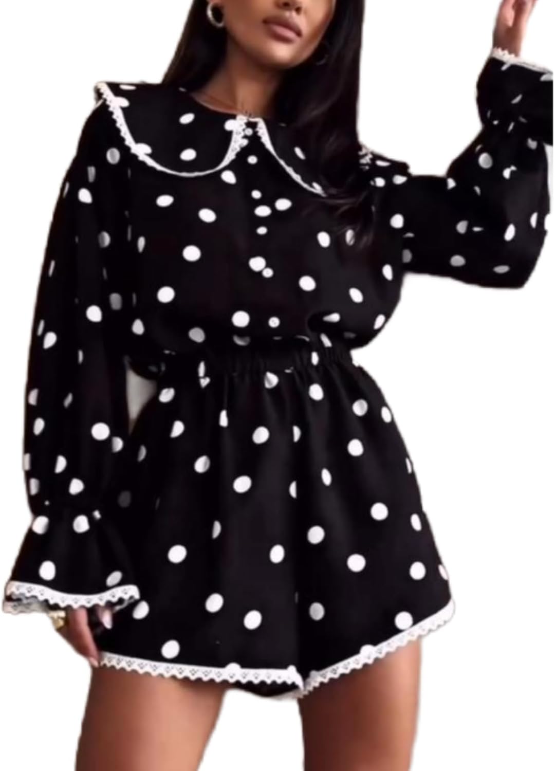 REASERAL Women's Casual Jumpsuit Long Sleeve Lace Trim Peter Pan Collar Top High Waist Shorts Romper One Piece Outfits