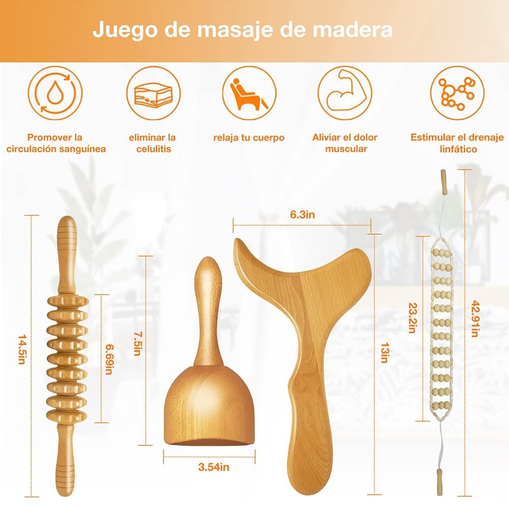 BLUEZY Set de 4 Maderoterapia Kit Masajeador Rodillo Anticelulitico de Madera, Rodillo Masaje Muscular Gua Sha Masajeador para Cuello, Piernas, Espalda y Cuerpo Alivio del Dolor