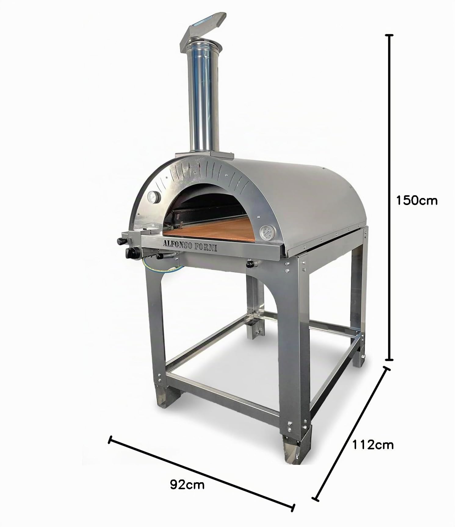 Forno pizza ibrido a gas e legna 6 pizze con tetto e carrello in acciaio inox, uso a legna o con bruciatore a gas, pietra refrattaria 3 cm, 500 gradi, Made in Italy (con bruciatore e valvola metano)