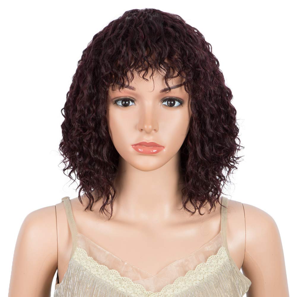 DÃƒâ€°BUT short Curly Wigs Ombre wig with Bangs Curl Fringe human-like hair wigs for Women 12 inches 120g (C99J: Dark Wine)