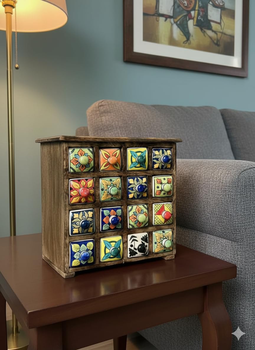 Wooden Drawer Chest With Ceramic Black Color Drawers 16 Containers Used For Home Office Jewelry Spices Multipurpose Box Ceramic-image-40