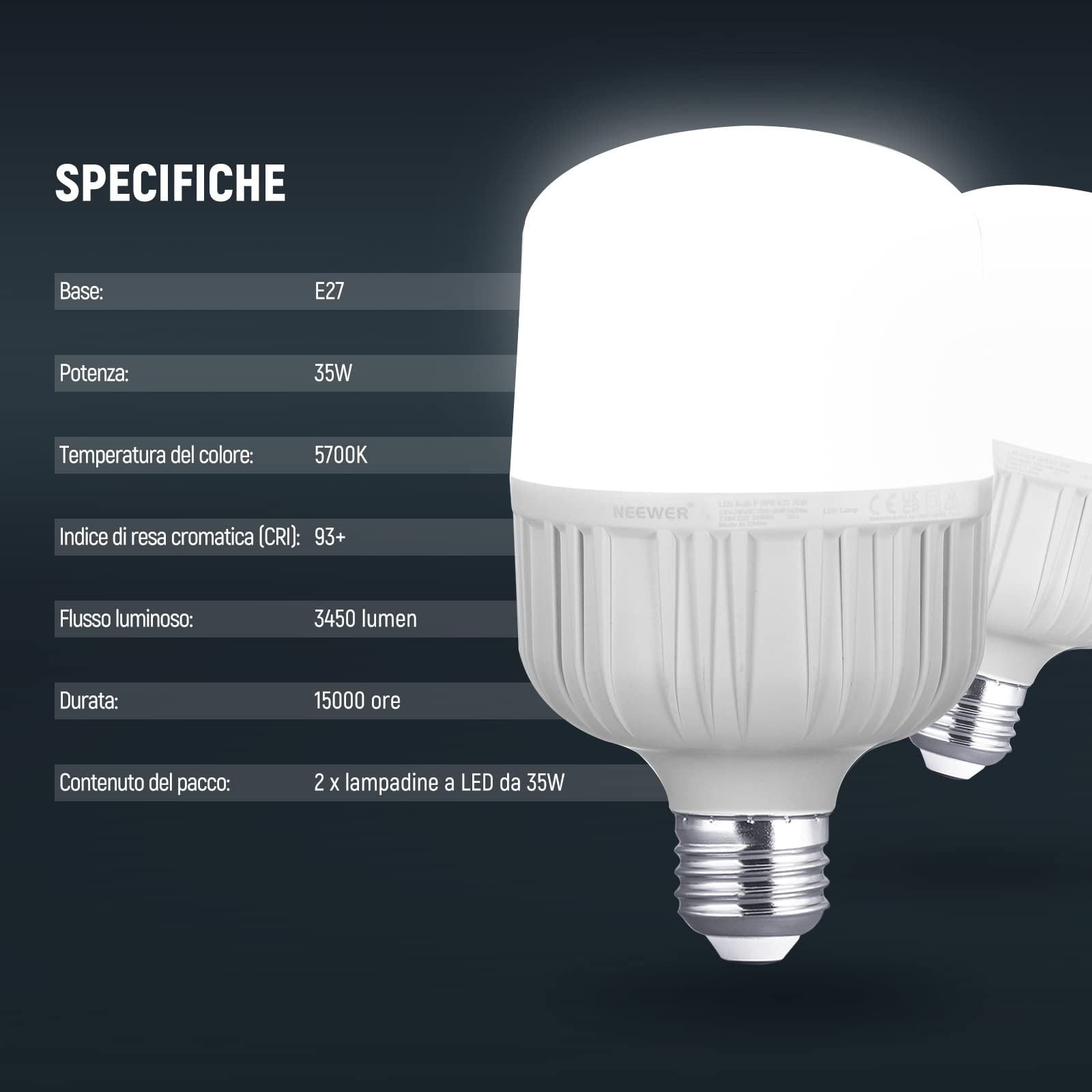 Neewer Lampadine LED E27 da 35W, 2 Confezioni, 3450 Lumen/5700K/CRI 93+/Durata 15000h, Illuminazione Video Fotografia Luminosa, Silenziosa/Senza Sfarfallio/Non Dimmerabile, Equivalente Lampadina 350W