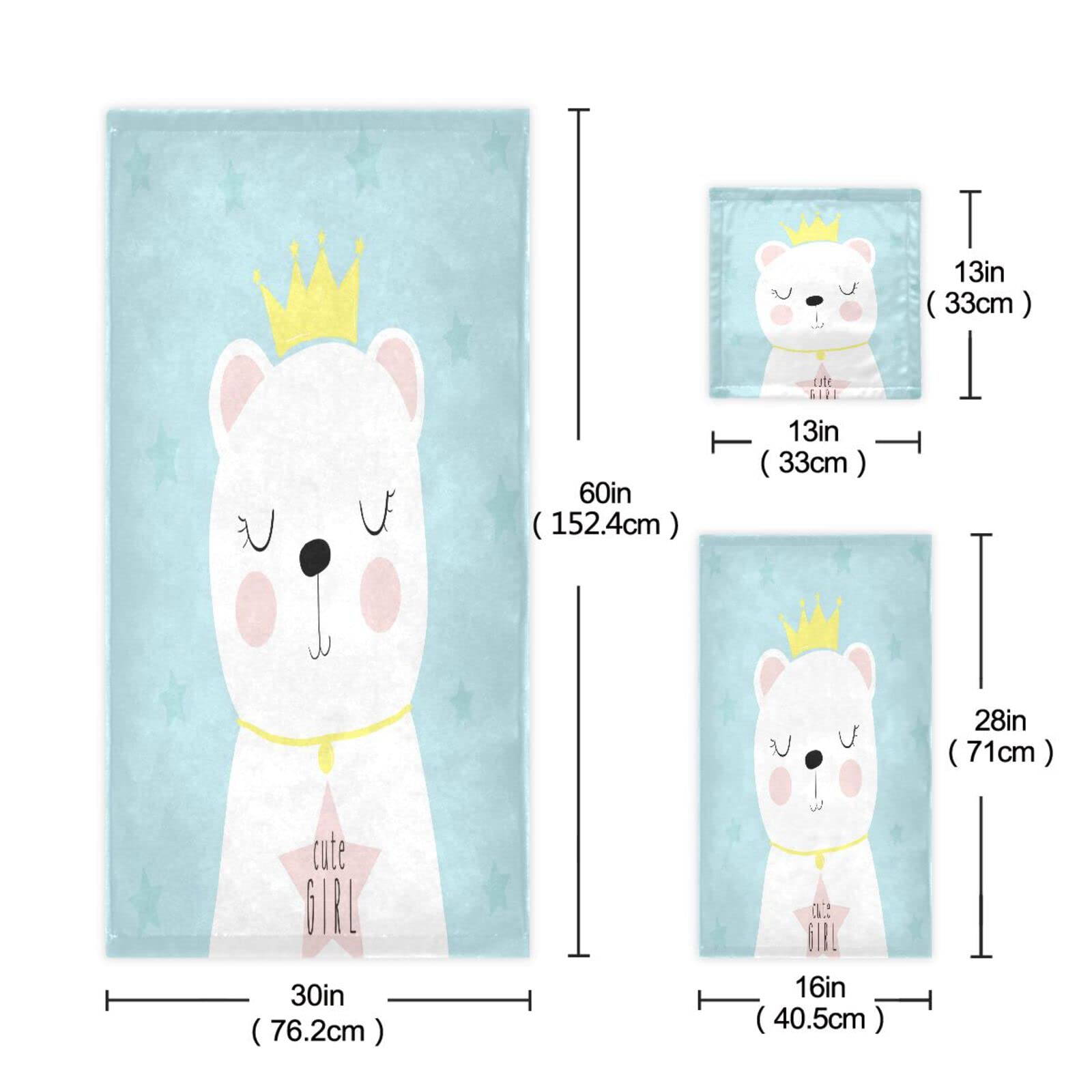Rey Gato Linda Chica Juego de Toallas para Baño Playa 100% Algodón de Piscina Toalla (1 Toalla de Baño y 1 Toalla de Mano y 1 Paño de Lavado) para Nadar Hotel Niñas Niños Niños