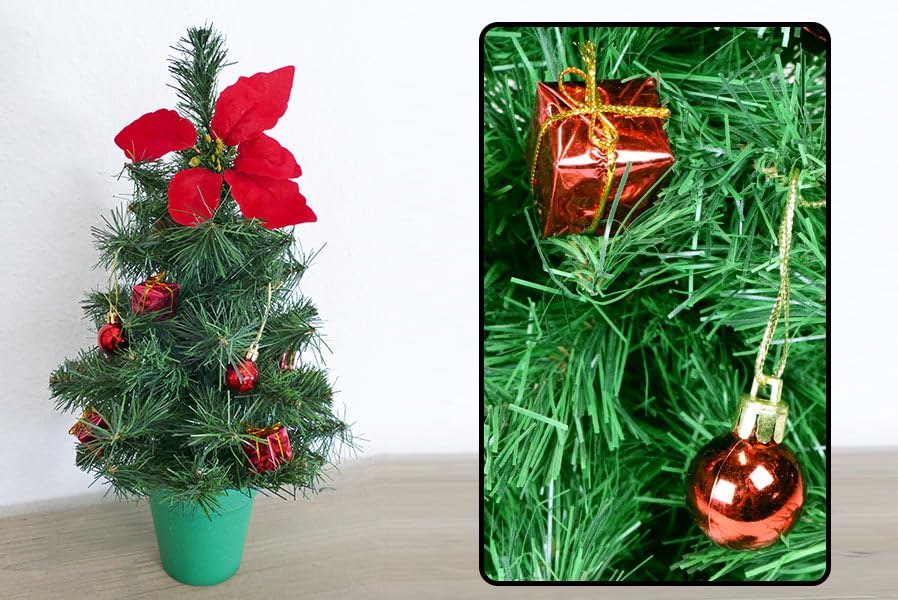 Gartenpirat Mini-Weihnachtsbaum 40 cm im Topf mit Weihnachtsstern-Blüte Kugeln & Geschenkboxen künstlicher Tischbaum für Tisch Fenster & Sideboard