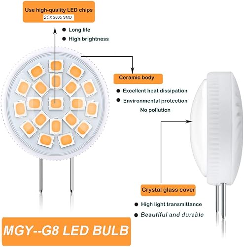 Miniatura 9 de G MGY OLED Bombilla LED G8 de 3.5 W, mini bombilla de disco delgada equivalente a 35 W, T4 G8, base de bi-pines, bombilla halógena blanca de 6000 K