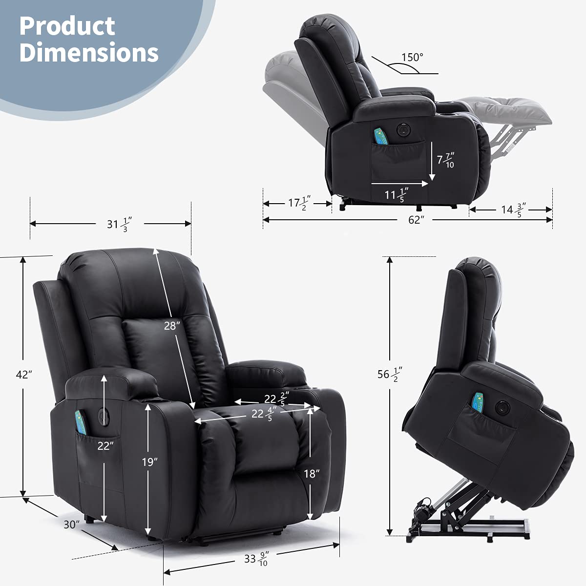 Buy Vicluke Oversized Power Lift Recliner Chair with Massage and Heat for Elderly, PU Leather