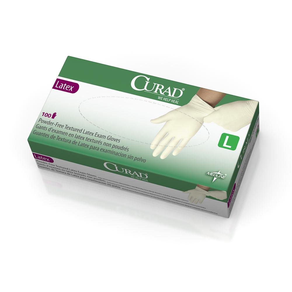 CURAD Comfort Disposable Medical Latex Gloves, Powder-Free, Textured, Premium Quality for Healthcare Professionals, Size Large, Box of 100